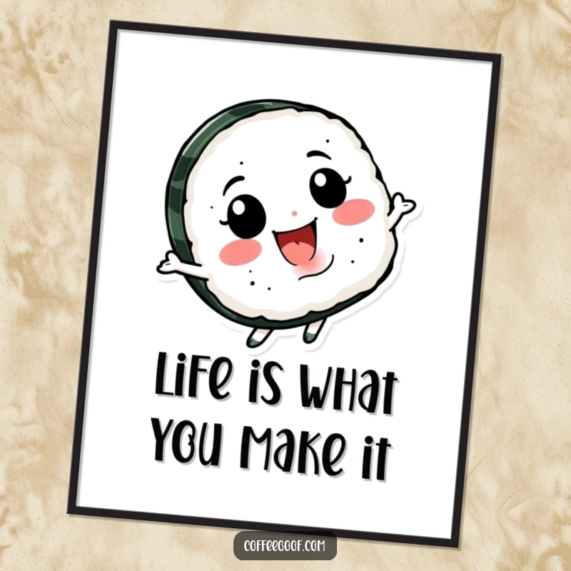 Funny Free Printable Wall Art: A smiling piece of sushi character spins joyfully, adding a playful and energetic vibe.