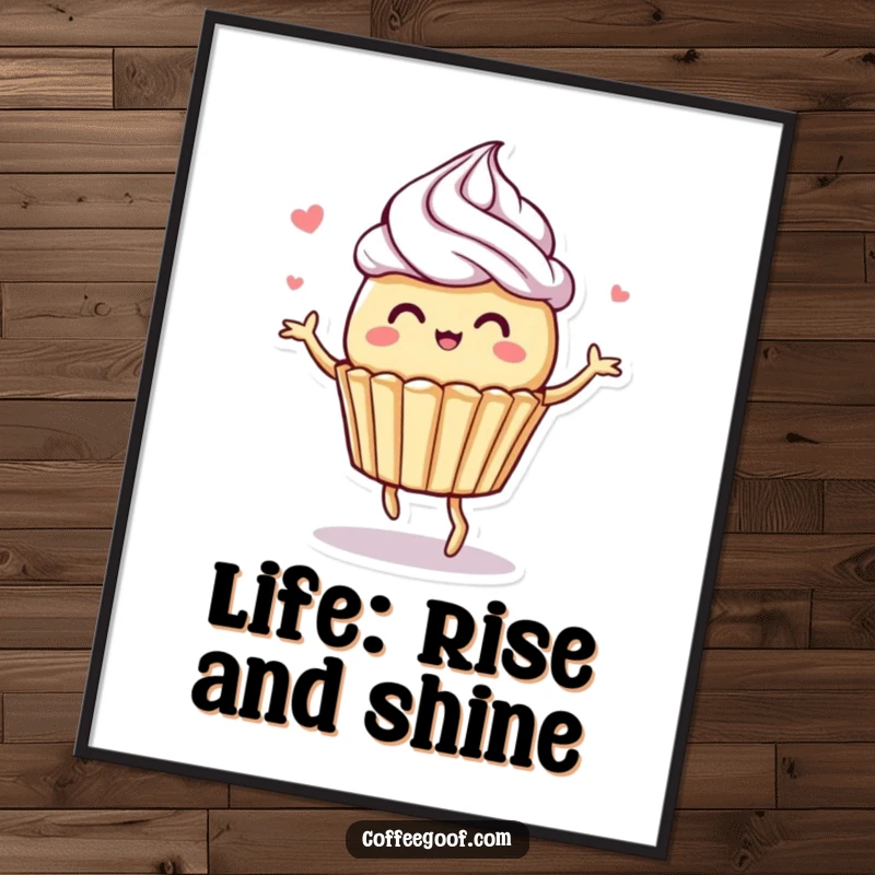 Funny Free Printable Wall Art of a whimsical muffin character doing a happy dance with frosting swirls, full of joy.
