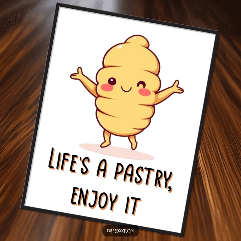 Funny Free Printable Wall Art of a happy croissant character with arms outstretched, doing a little dance with joie de vivre.