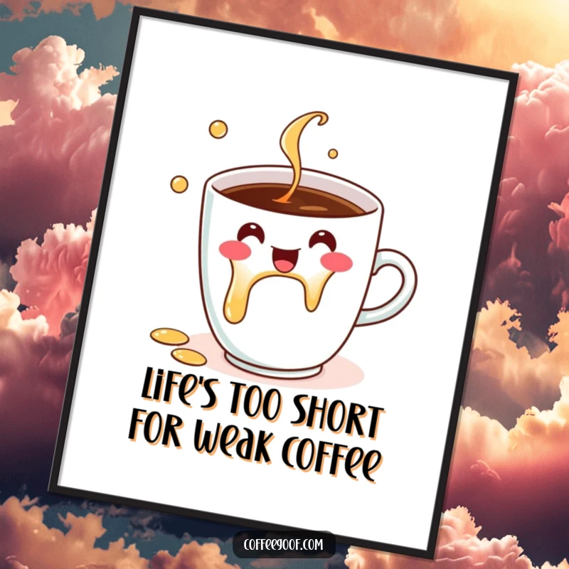 Funny free printable wall art of a smiling coffee cup character joyfully spilling droplets, a quirky decor piece.