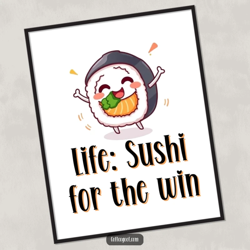 Funny Free Printable Wall Art of a happy sushi roll character spinning joyfully, adding a playful vibe.