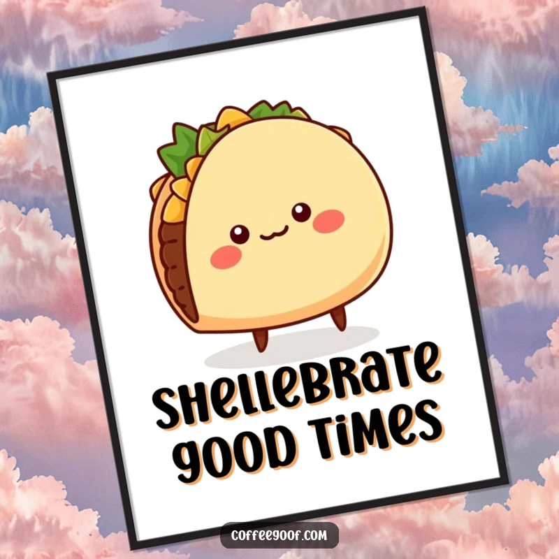 Funny Free Printable Wall Art featuring a cheerful, round taco character wiggling its shell and tiny legs, ready to party.