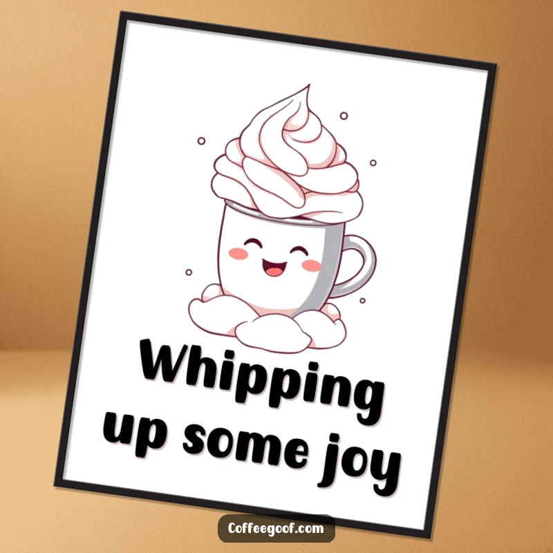 Funny Free Printable Wall Art of a smiling cocoa mug cheerfully doing a cannonball into a fluffy cloud of whipped cream.