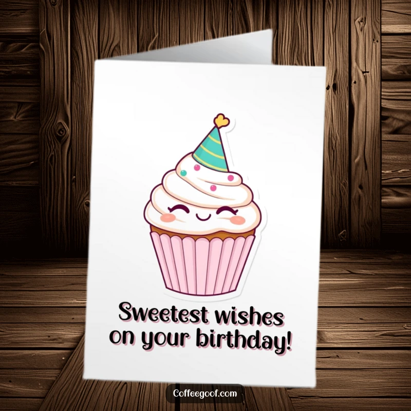 Funny Free Printable Birthday Card: A winking cupcake in a party hat, ready to celebrate with a sweet treat.