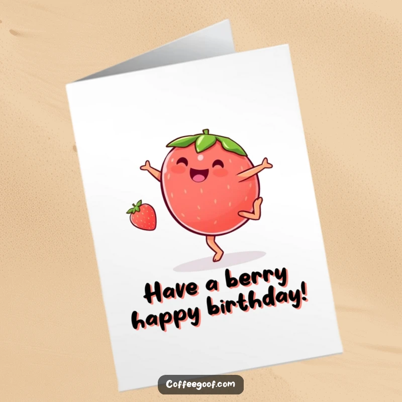 Funny Free Printable Birthday Card: A plump strawberry doing a cartwheel with pure glee, celebrating.