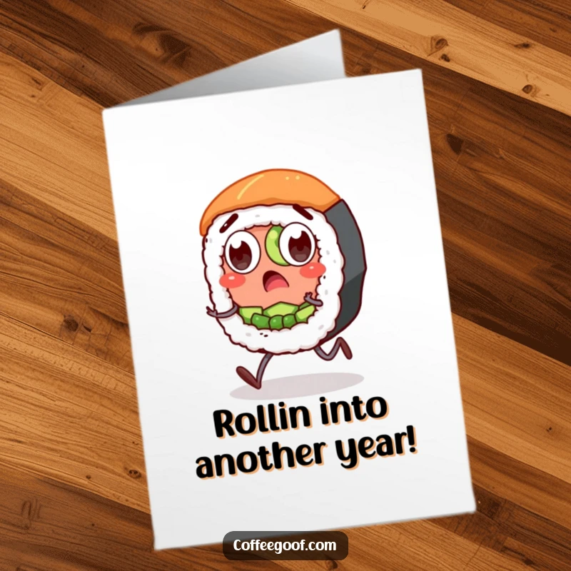 Funny Free Printable Birthday Card: A surprised sushi roll character with wide eyes and stubby legs shuffling quickly in excitement.