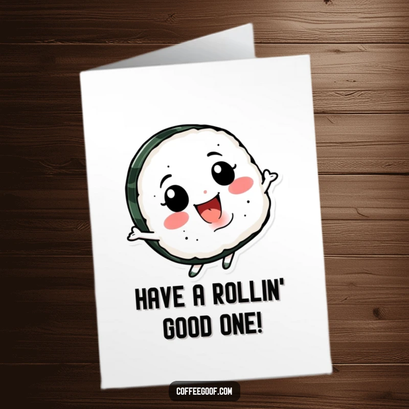 Funny Free Printable Birthday Card: A smiling piece of sushi character happily spins, wishing a dynamic birthday.