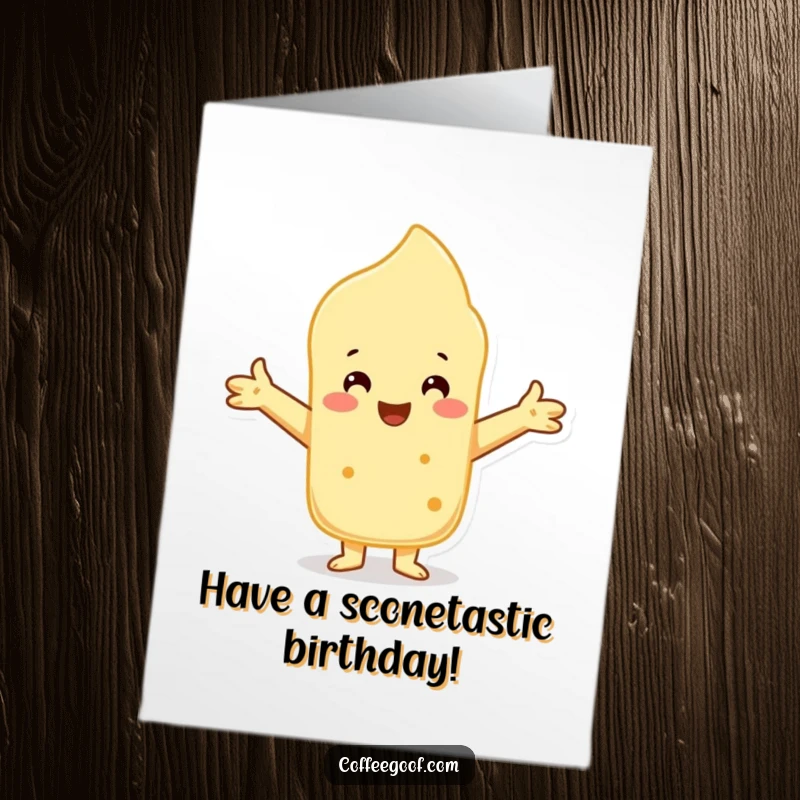 Funny Free Printable Birthday Card: A cheerful scone character with arms wide open, offering a warm, doughy birthday hug.