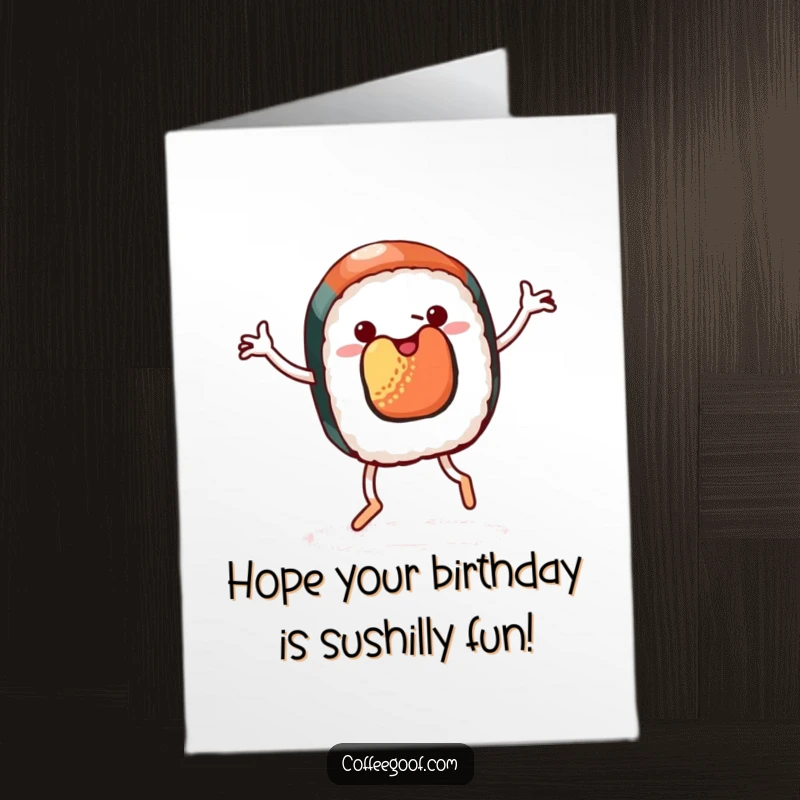 Funny Free Printable Birthday Card: A piece of sushi with legs doing a cheerful, energetic jig to celebrate.