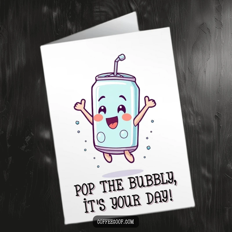 Funny Free Printable Birthday Card: Exhilarated soda can leaping with joy, wearing a party hat, ready to celebrate.