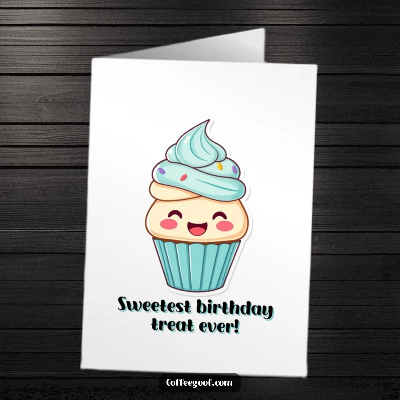 Funny Free Printable Birthday Card: A joyful cupcake character enthusiastically frosting itself with glee, a sweet celebration card.