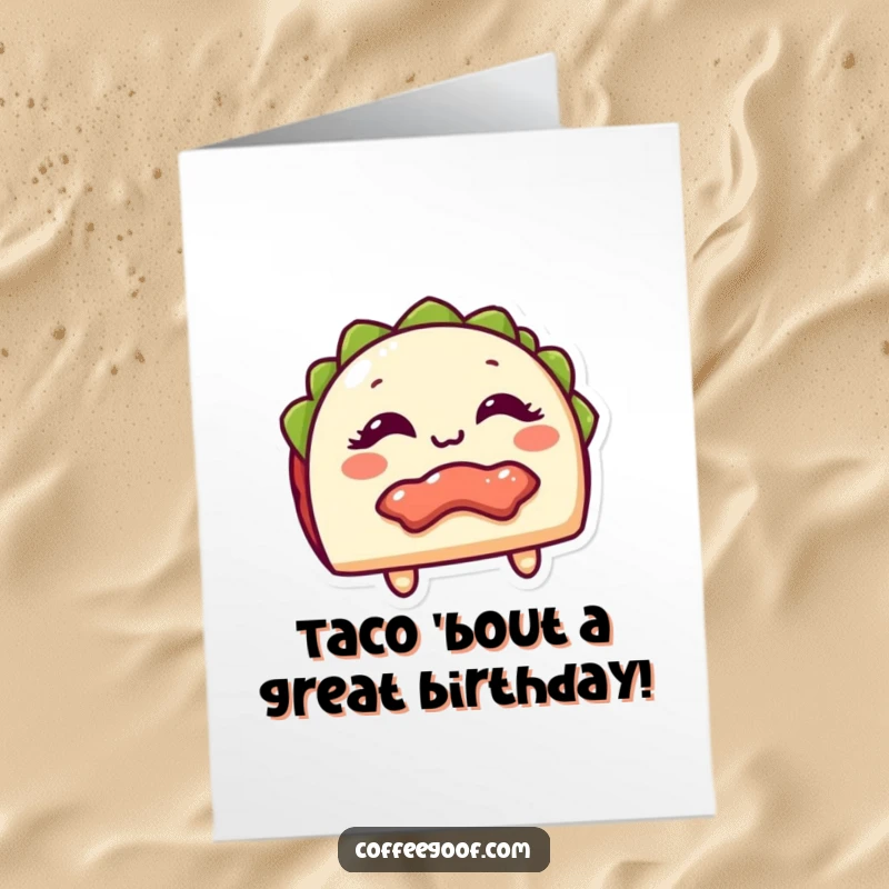 Funny free printable birthday card: A giggling taco character with its colorful filling playfully peeking out, ready to celebrate.