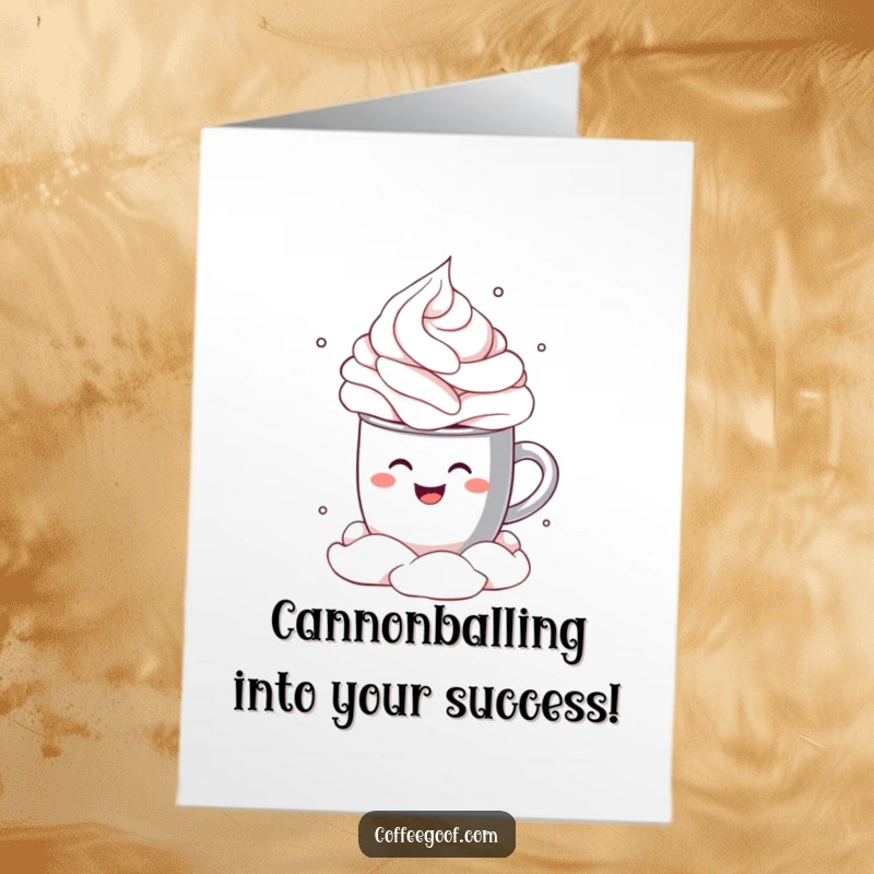 Funny Free Printable Congratulations Card with a happy cocoa mug splashing into a cloud of whipped cream.