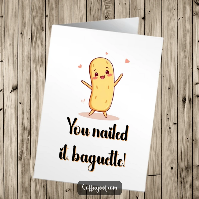 Funny Free Printable Congratulations Card showing a smiling baguette masterfully balancing, a humorous way to celebrate success.