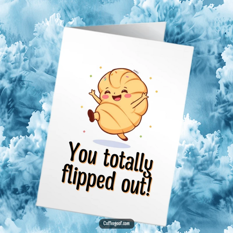 Funny Free Printable Congratulations Card: A grinning croissant performs a cartwheel with sprinkles showering, celebrating a fantastic accomplishment.