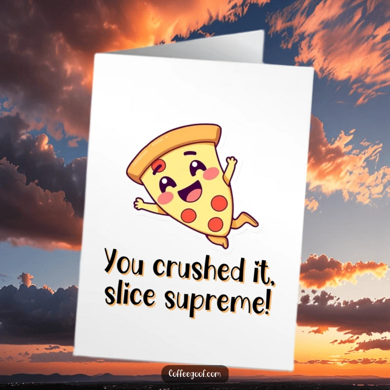 Funny Free Printable Congratulations Card: A giggling pizza slice character is doing a dramatic and comical dive, celebrating success.