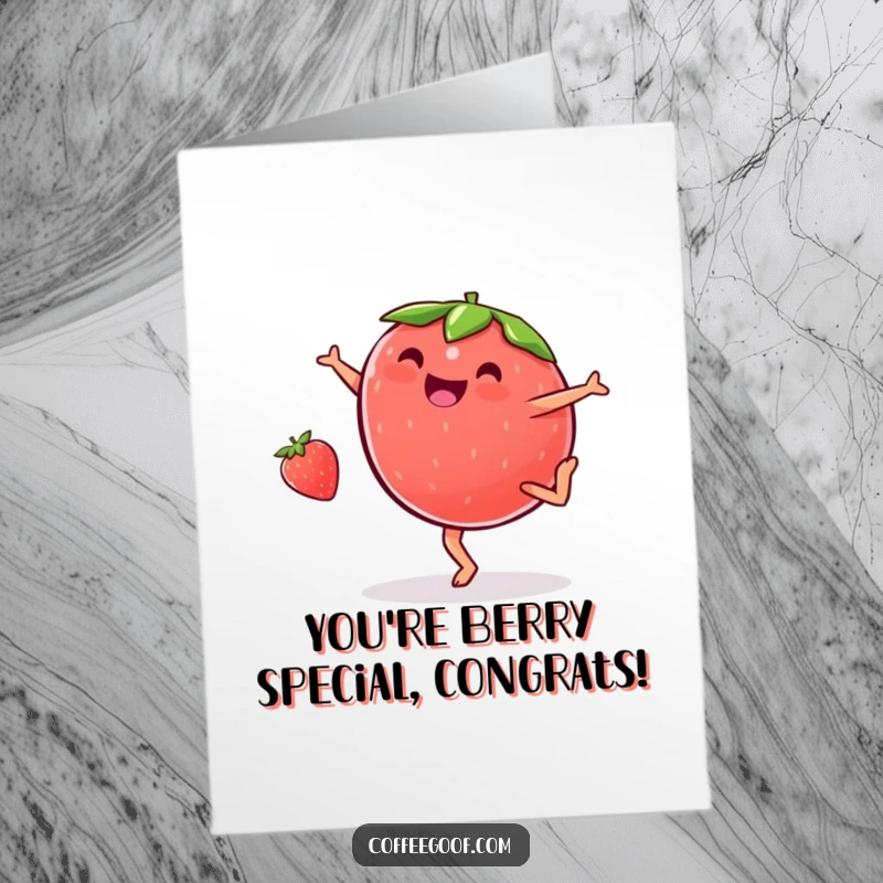 Funny Free Printable Congratulations Card: A plump strawberry gleefully doing a cartwheel to celebrate.