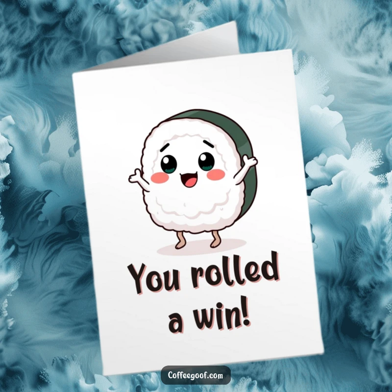 Funny Free Printable Congratulations Card: A joyous sushi character with a big smile, performing an enthusiastic jig to celebrate.