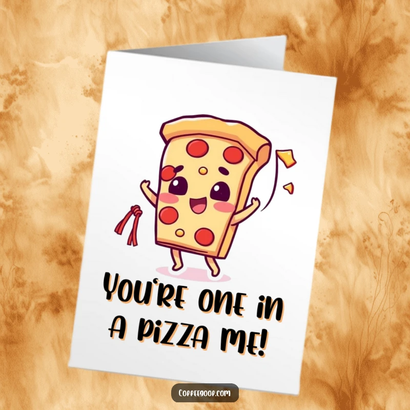 Funny free printable congratulations card of a beaming pizza slice character throwing a stretchy, cheesy string with glee.