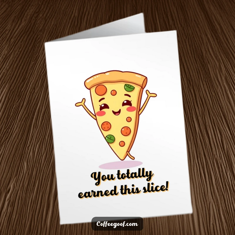 Funny Free Printable Congratulations Card: A happy slice of pizza doing a silly dance to celebrate.