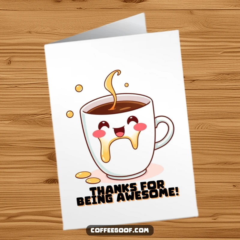 Funny free printable thank you card depicting a cheerful coffee cup spilling droplets, a brew-tiful way to say thanks.
