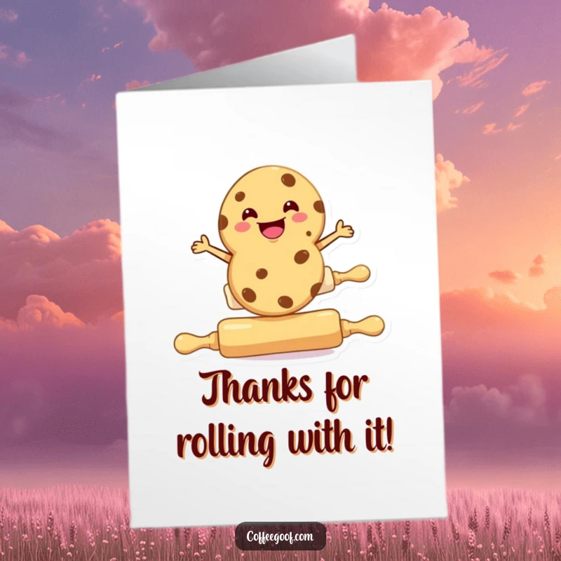 Funny Free Printable Thank You Card: A cookie character balancing perfectly on a rolling pin, a humorous way to express thanks.