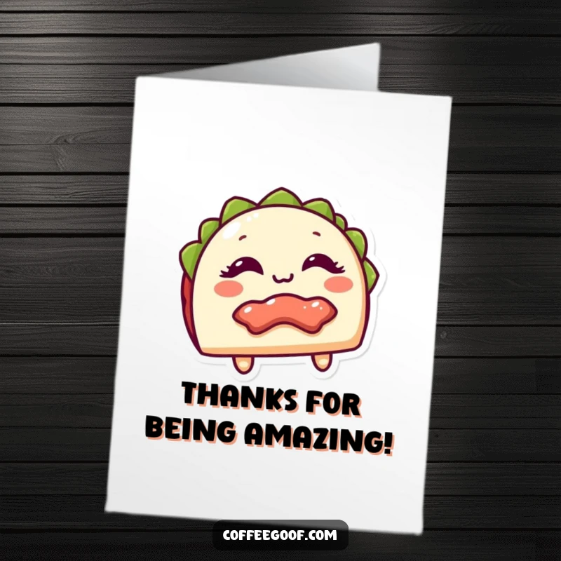 Funny free printable thank you card: A giggling taco with its tasty filling playfully peeking, a delicious way to say thanks.