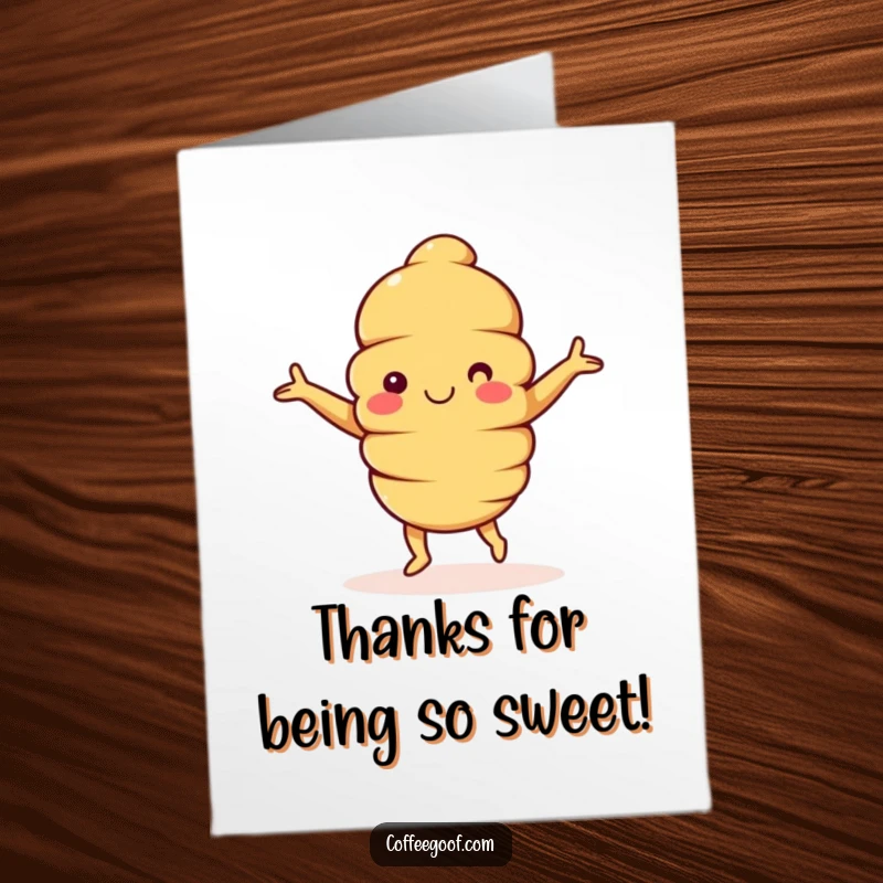 Funny Free Printable Thank You Card featuring a happy croissant character with arms outstretched, doing a little dance of thanks.