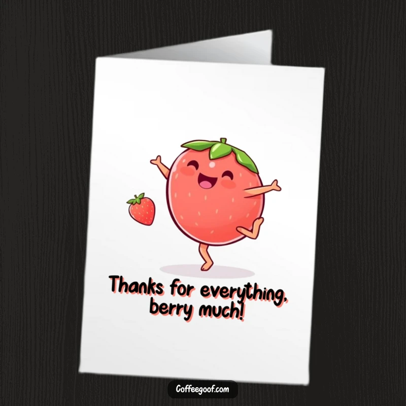 Funny Free Printable Thank You Card: A plump strawberry doing a cartwheel, expressing joyful thanks.