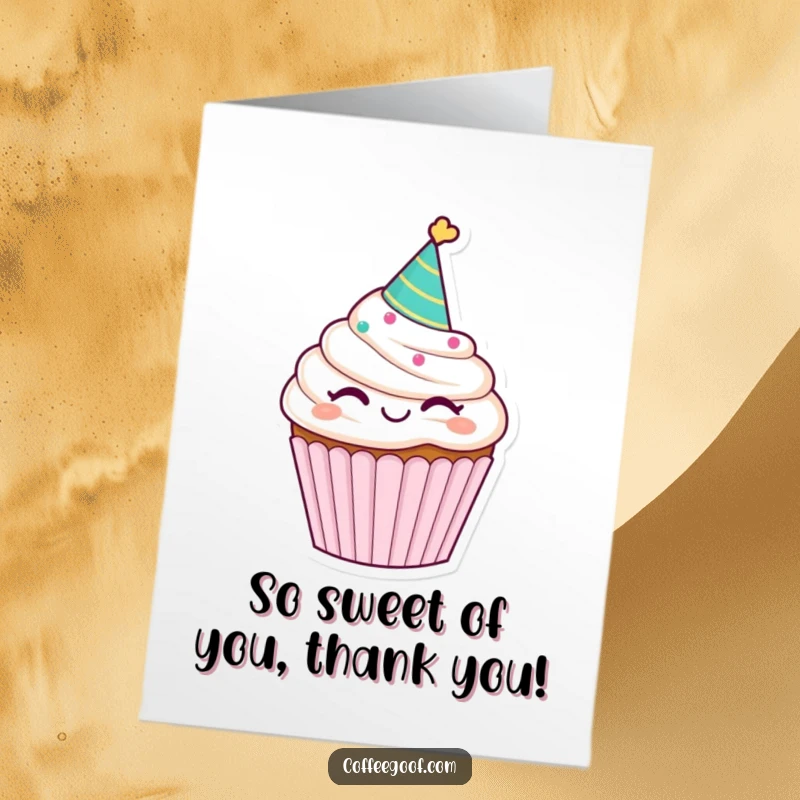 Funny Free Printable Thank You Card: A winking cupcake in a party hat, offering a sweet thank you.