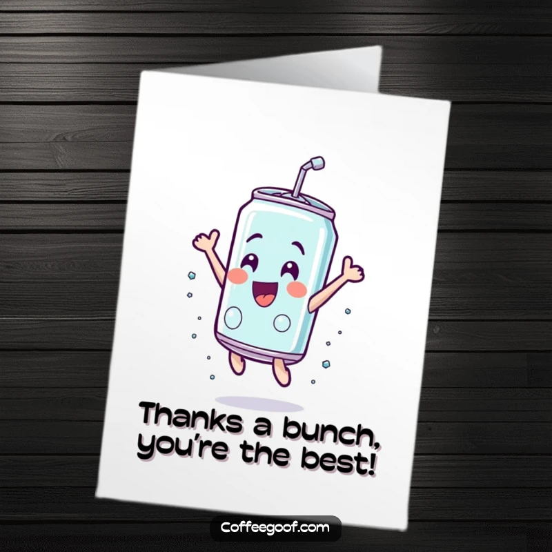 Funny Free Printable Thank You Card: Exhilarated soda can leaping, bursting with energy to express thanks.