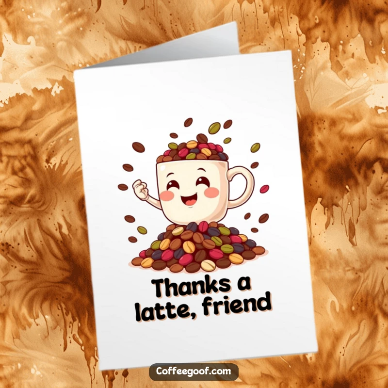 Funny Free Printable Thank You Card: A smiling coffee mug character in the midst of juggling colorful coffee beans, expressing thanks.
