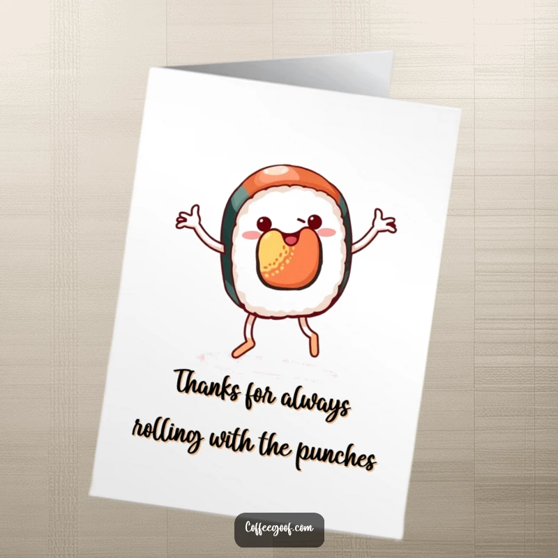 Funny Free Printable Thank You Card: A sushi character with legs doing a cheerful jig, expressing quirky thanks.
