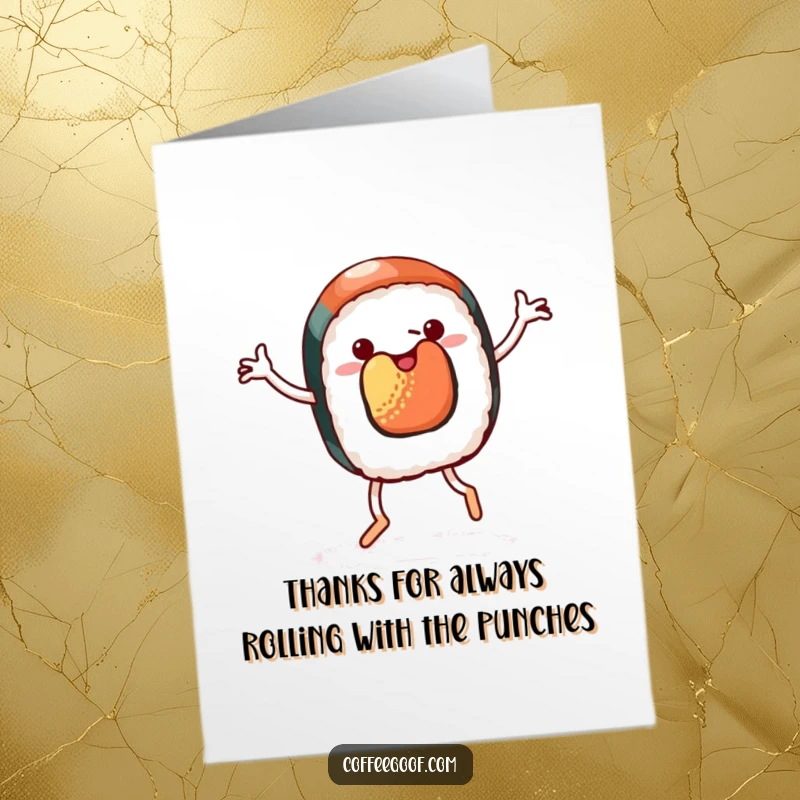 Funny Free Printable Thank You Card: A sushi character with legs doing a cheerful jig, expressing quirky thanks.
