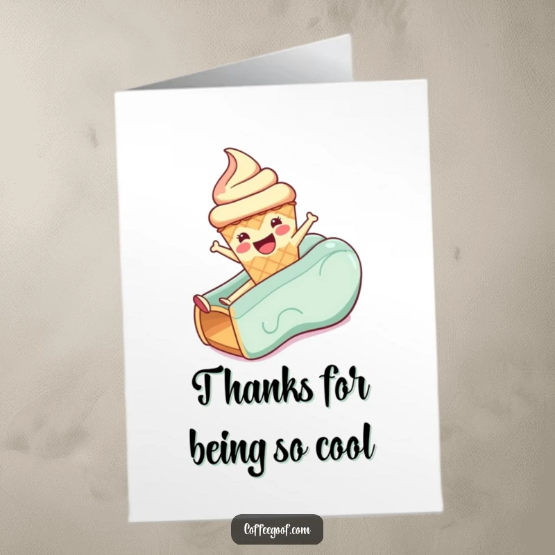 Funny Free Printable Thank You Card: A happy anthropomorphic ice cream cone sliding with a friendly wave, conveying sweet thanks.