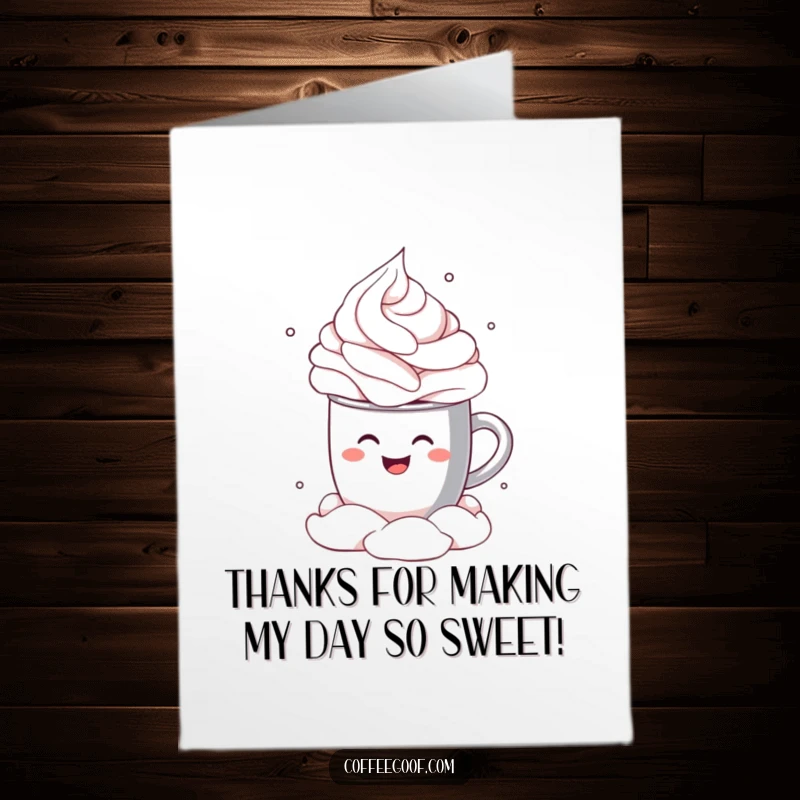 Funny Free Printable Thank You Card depicting a happy cocoa mug making a splash into whipped cream.