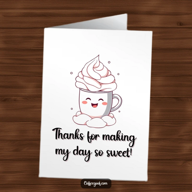 Funny Free Printable Thank You Card depicting a happy cocoa mug making a splash into whipped cream.