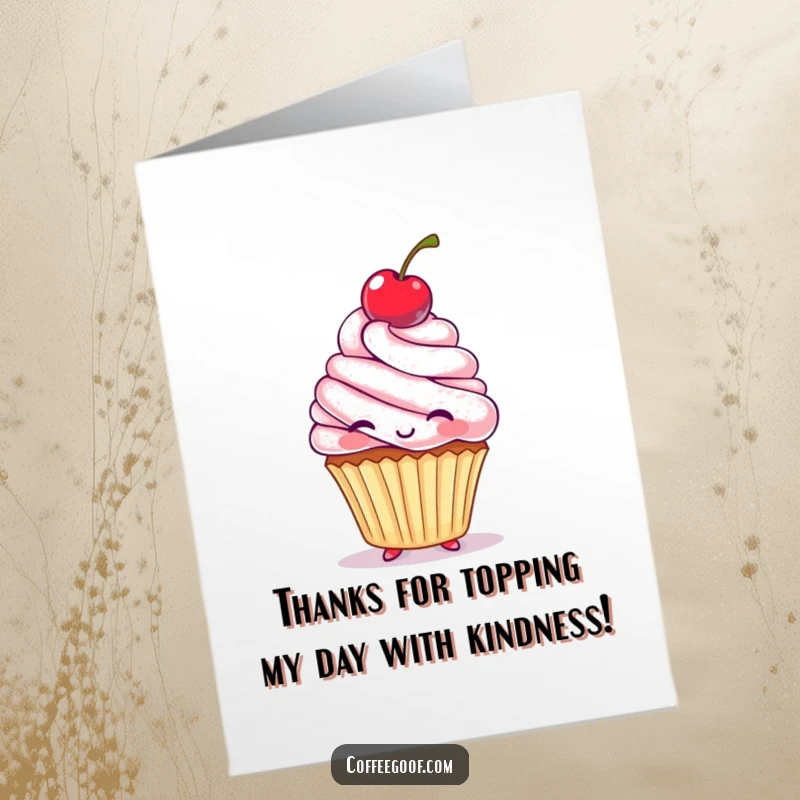 Funny Free Printable Thank You Card showing a cheerful cupcake character bouncing a cherry on its head.