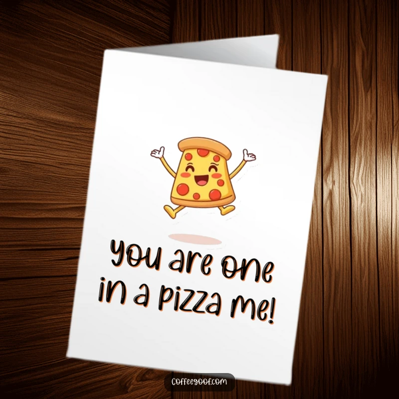 Funny Free Printable Thank You Card depicting a happy pizza slice character in mid-air, celebrating.
