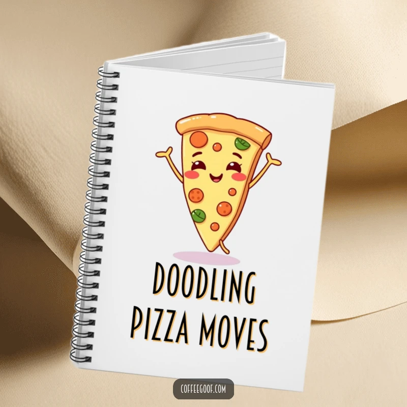 Funny smiling pizza slice notebook, dancing joyfully, perfect for jotting down notes with a dash of humor and pizza love.