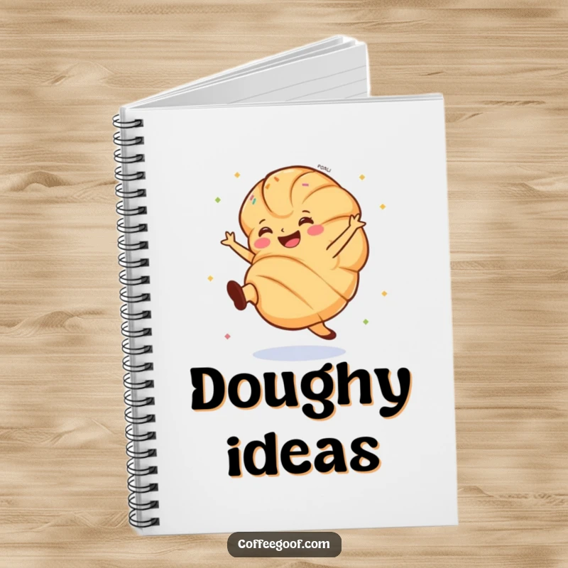 Funny croissant notebook cover depicting a grinning pastry doing a lively cartwheel with sprinkles, inspiring creativity.