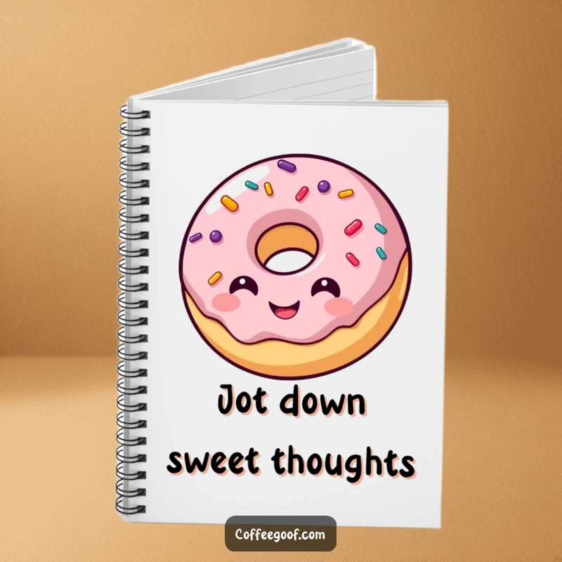 Funny notebook cover with a smiling donut character and playful, bouncing sprinkles, inspiring sweet thoughts and humorous notes.