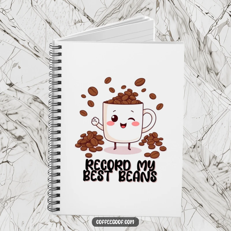 Funny cheerful mug character juggling coffee beans on a notebook cover, perfect for jotting down thoughts with a smile.