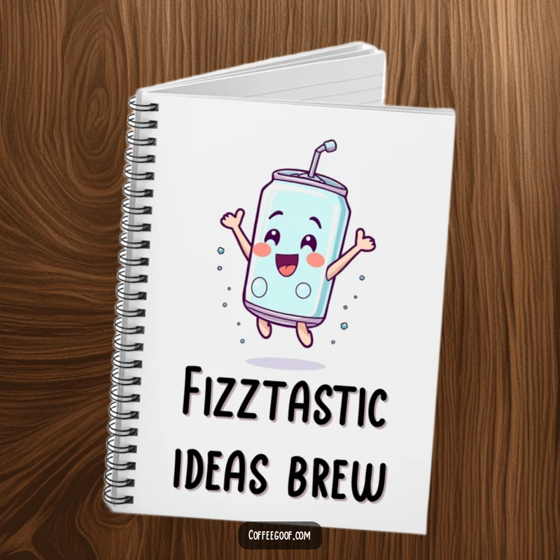 Funny soda can notebook, leaping with pure exhilaration, ready to capture your exciting ideas and creative bursts.