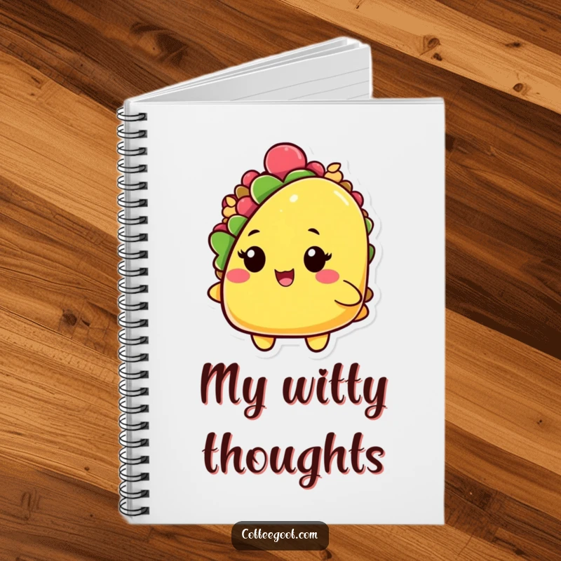 Funny notebook cover with a playful taco character, shell slightly open, winking, inspiring spicy thoughts and humorous notes.
