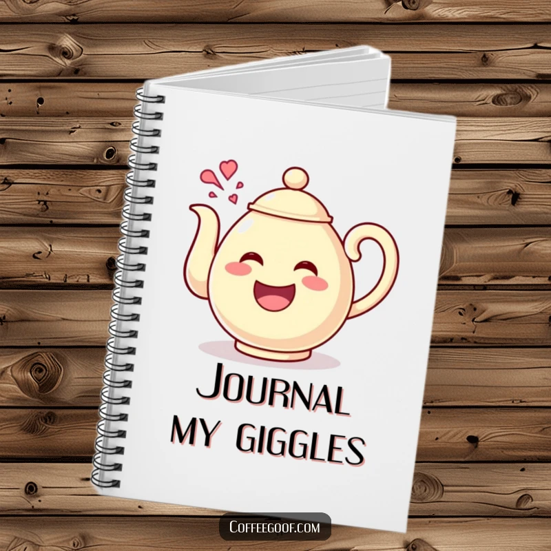 Funny Teapot Giggles Notebook with a happy teapot character pouring out giggles, designed to inspire joyful thoughts and add a playful element to note-taking.