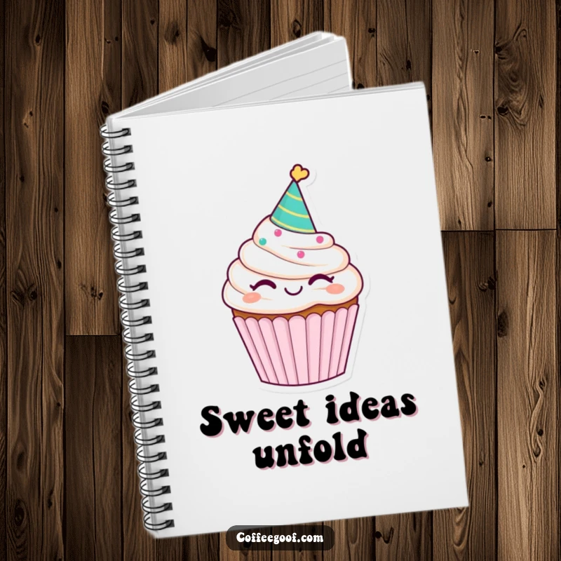 Funny winking cupcake notebook, wearing a party hat, perfect for jotting down sweet thoughts with a touch of humor.