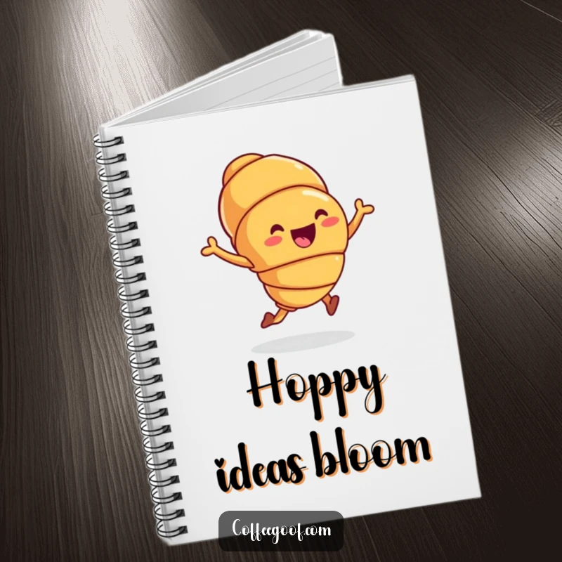 Funny Notebook with a joyful hopping croissant, perfect for jotting down notes with a whimsical, energetic twist as a funny gift.