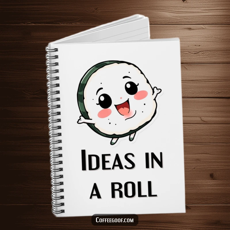 Funny Sushi Spin Notebook with a smiling sushi character happily spinning, designed to inspire fun thoughts and add a playful element to note-taking.