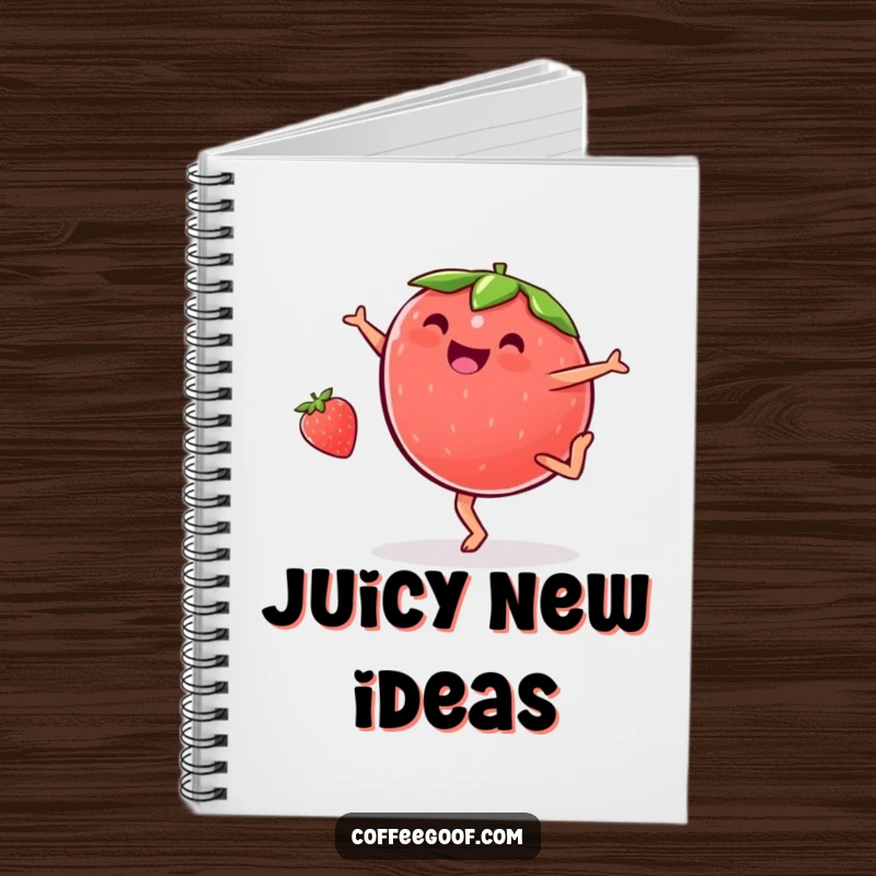 Funny plump strawberry notebook, doing a cartwheel with glee, perfect for jotting down notes with a dash of humor and fruitiness.